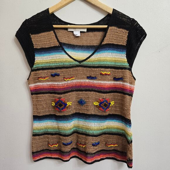Liz Palacios Womens Vtg Knit Boho Top M Striped Beaded Artsy Southwestern Boho - Picture 1 of 11